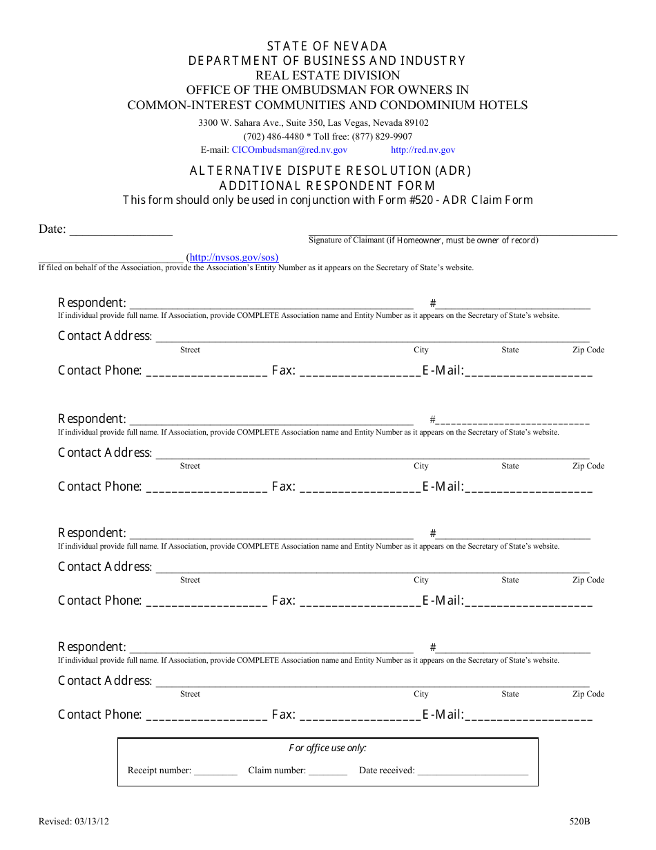 Form 520B Alternative Dispute Resolution (Adr) - Additional Respondent Form - Nevada, Page 1