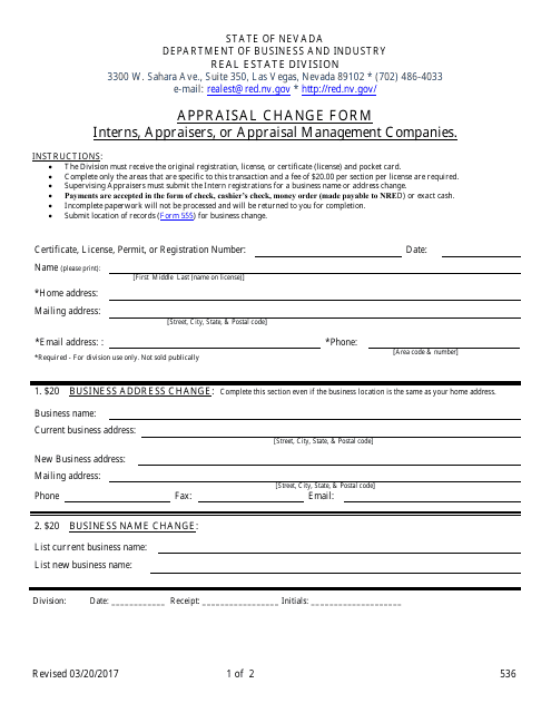 Form 536 Appraisal Change Form - Interns, Appraisers, or Appraisal Management Companies - Nevada