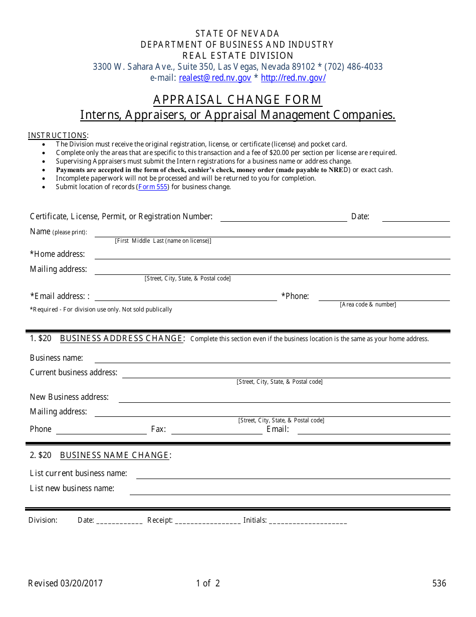 Form 536 Appraisal Change Form - Interns, Appraisers, or Appraisal Management Companies - Nevada, Page 1