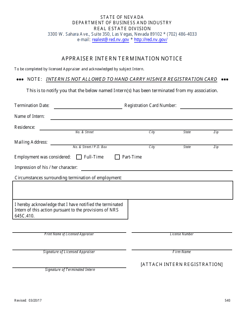 Form 540 Appraiser Intern Termination Notice - Nevada