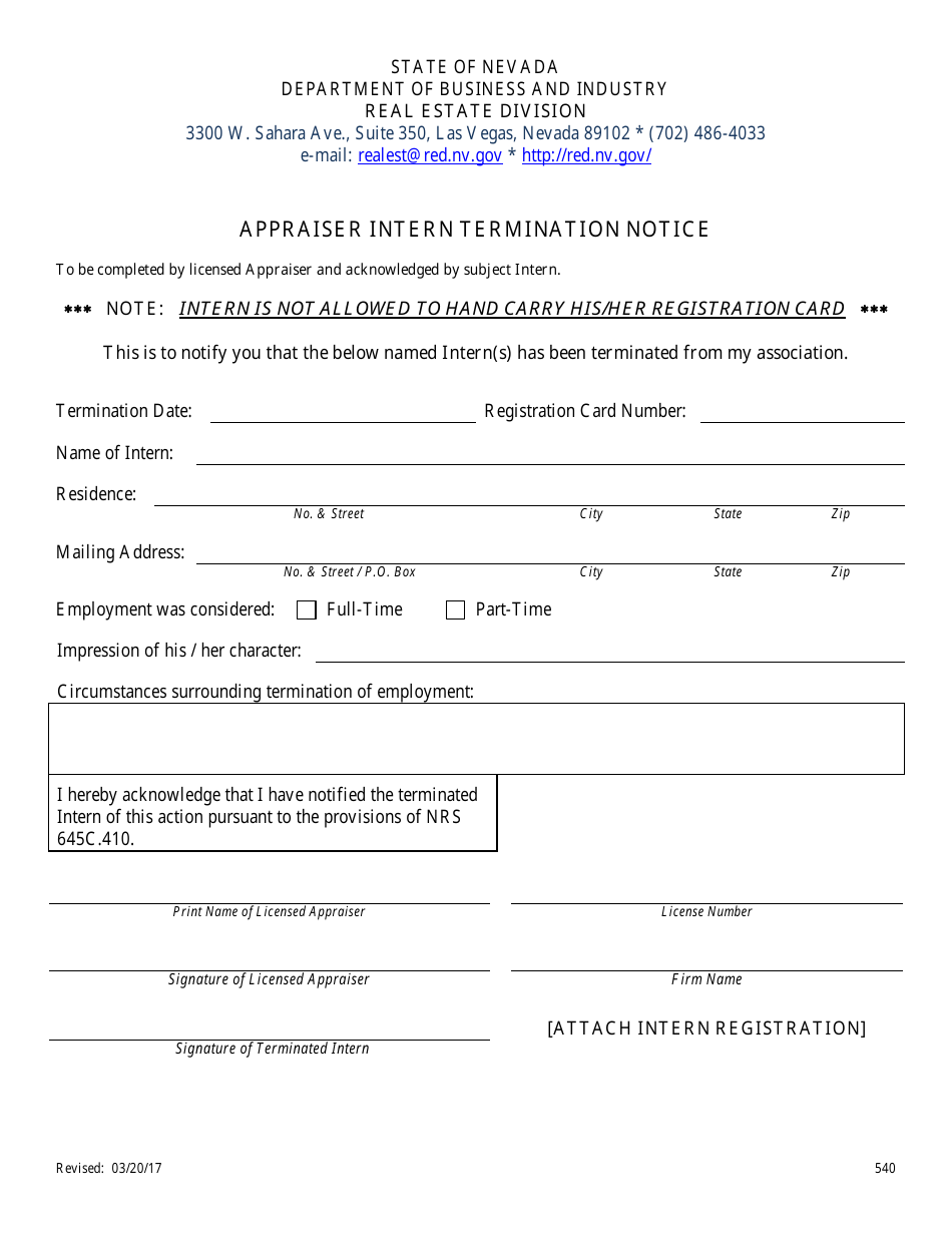 Form 540 Appraiser Intern Termination Notice - Nevada, Page 1