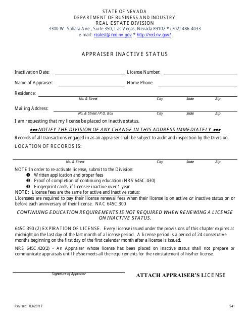 Form 541 Appraiser Inactive Status - Nevada