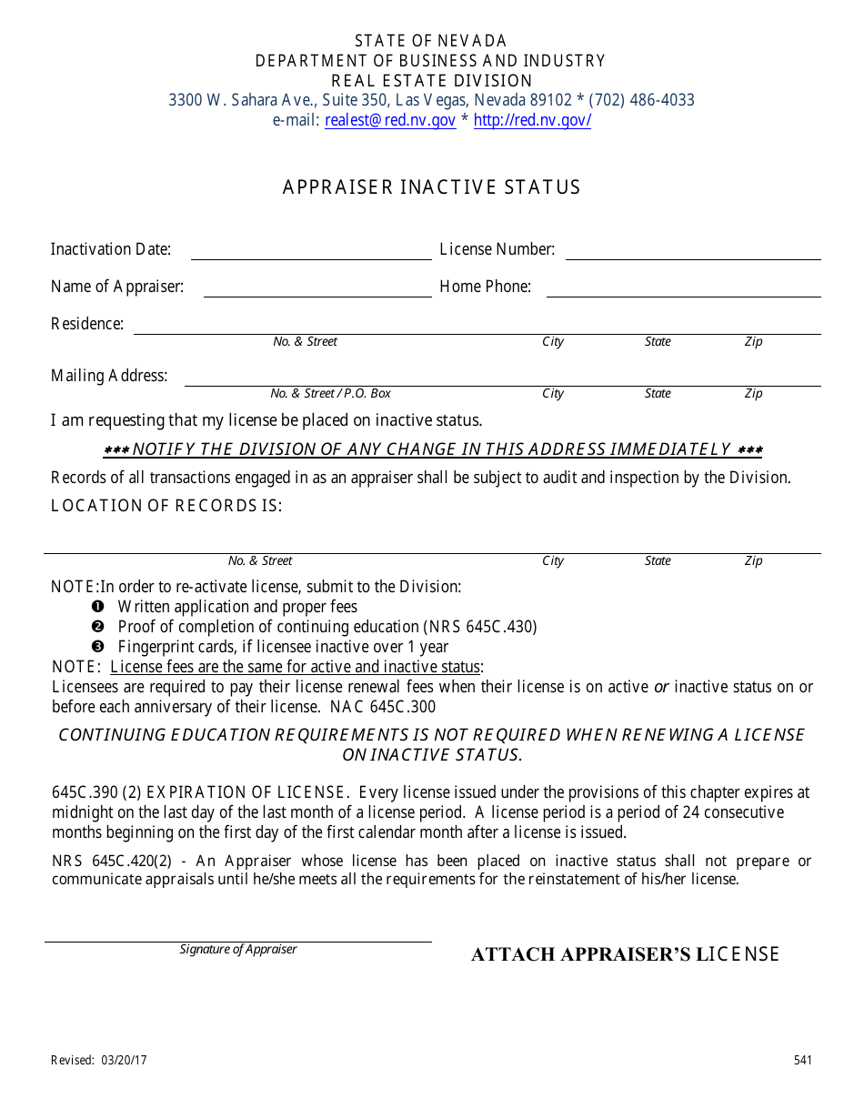Form 541 Appraiser Inactive Status - Nevada, Page 1