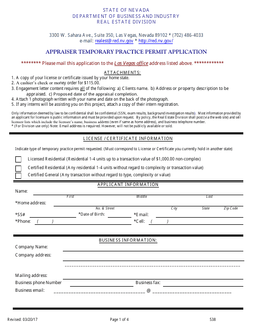 Form 538 Appraiser Temporary Practice Permit Application - Nevada