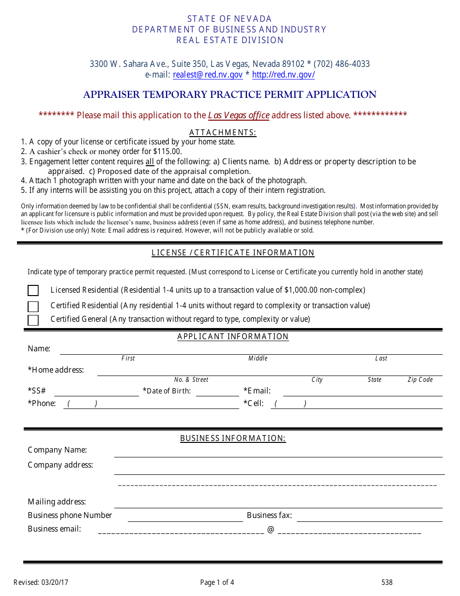 Form 538 Appraiser Temporary Practice Permit Application - Nevada, Page 1
