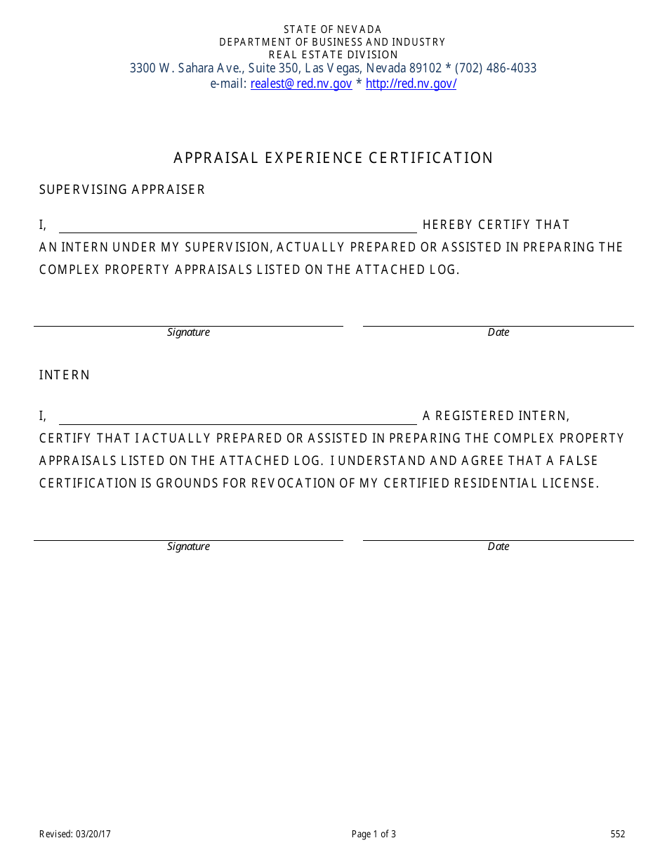 Form 552 download fillable pdf or fill online appraisal experience