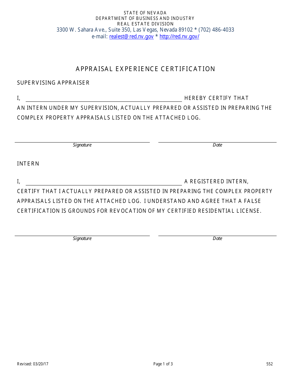 Form 552 Appraisal Experience Certification - Nevada, Page 1