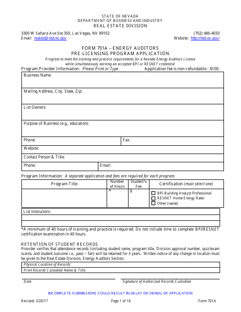 Form 701A  Printable Pdf