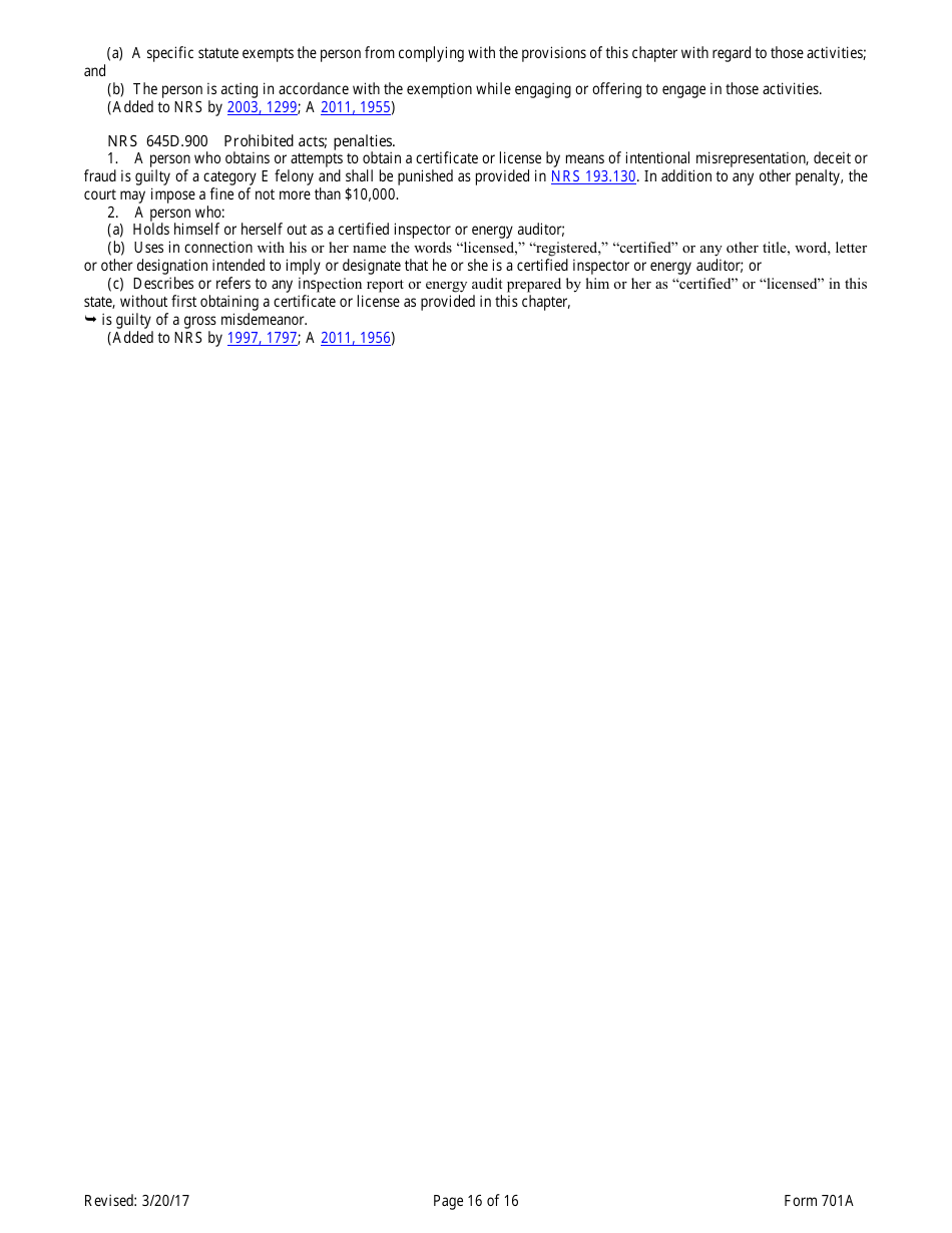 Form 701A Energy Auditors Pre-licensing Program Application - Nevada, Page 16