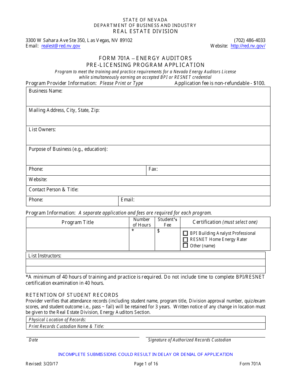Form 701A Energy Auditors Pre-licensing Program Application - Nevada, Page 1