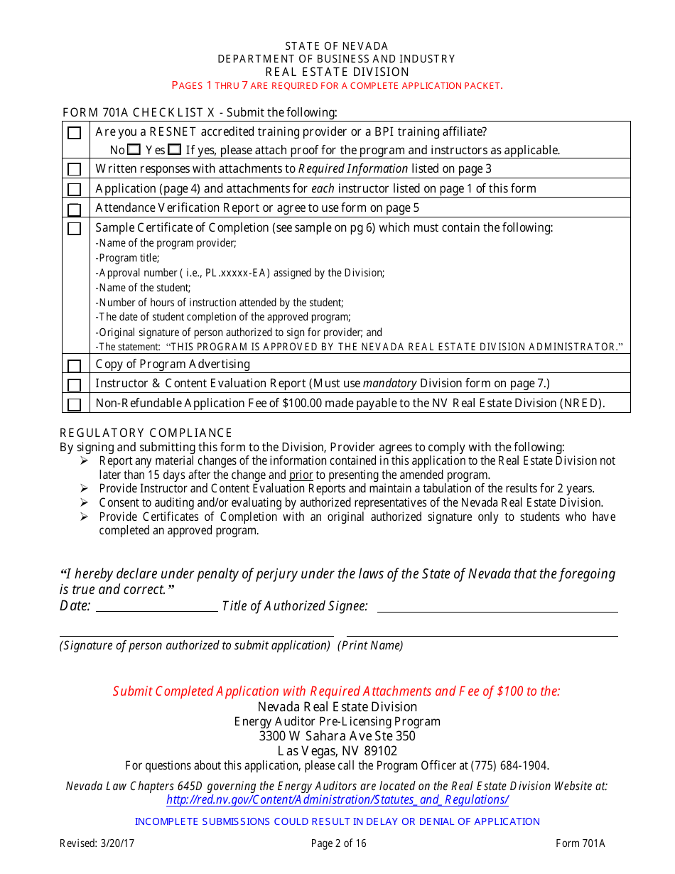 Form 701A Energy Auditors Pre-licensing Program Application - Nevada, Page 2
