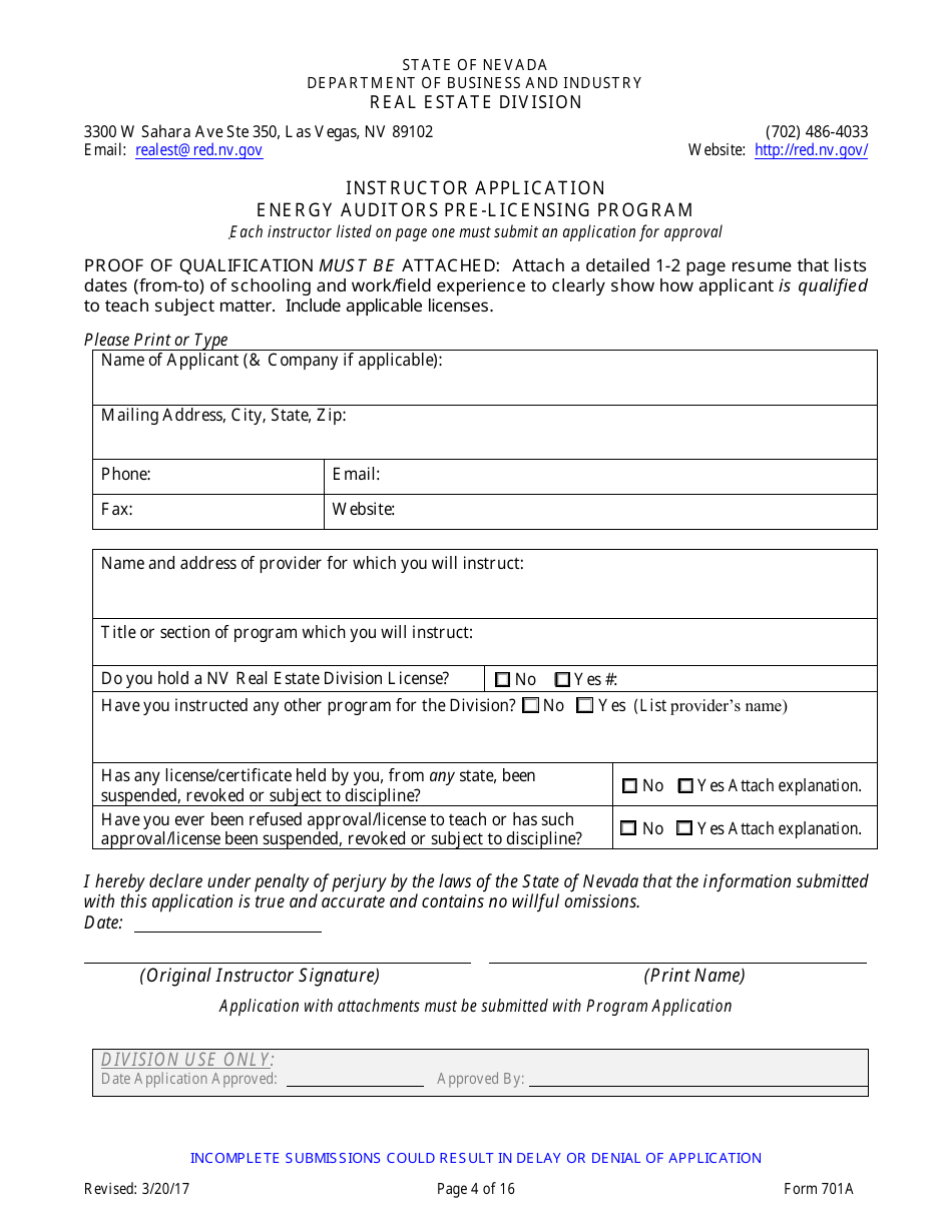 Form 701A Energy Auditors Pre-licensing Program Application - Nevada, Page 4