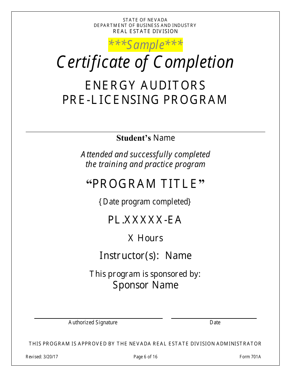 Form 701A Energy Auditors Pre-licensing Program Application - Nevada, Page 6