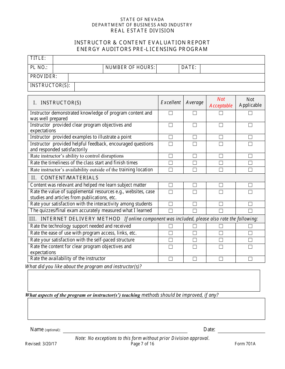 Form 701A Energy Auditors Pre-licensing Program Application - Nevada, Page 7
