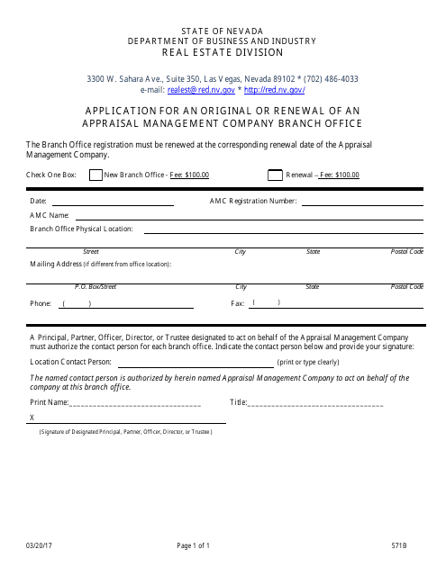Form 571B Application for an Original or Renewal of an Appraisal Management Company Branch Office - Nevada