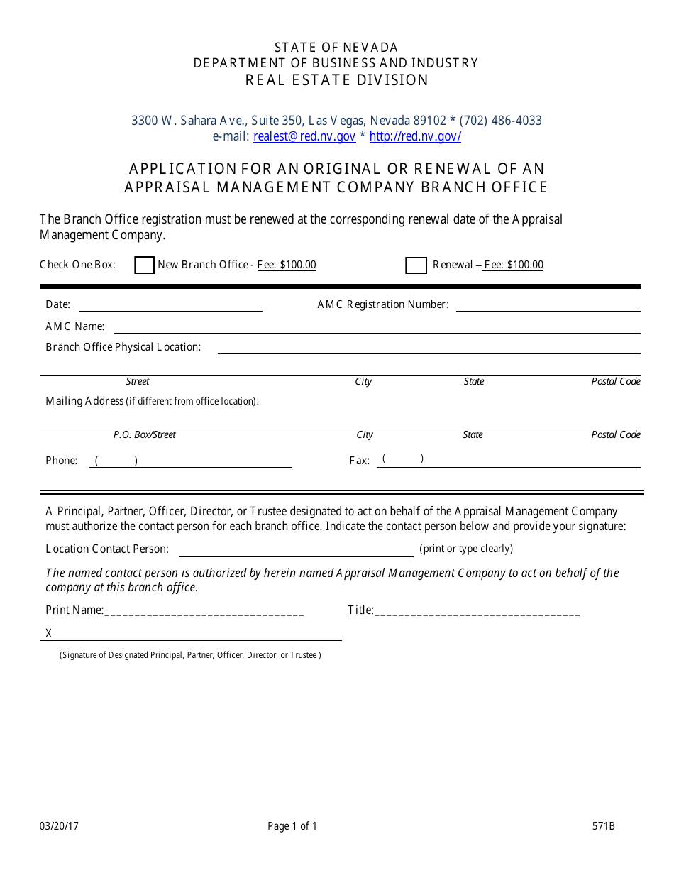 Form 571B Application for an Original or Renewal of an Appraisal Management Company Branch Office - Nevada, Page 1