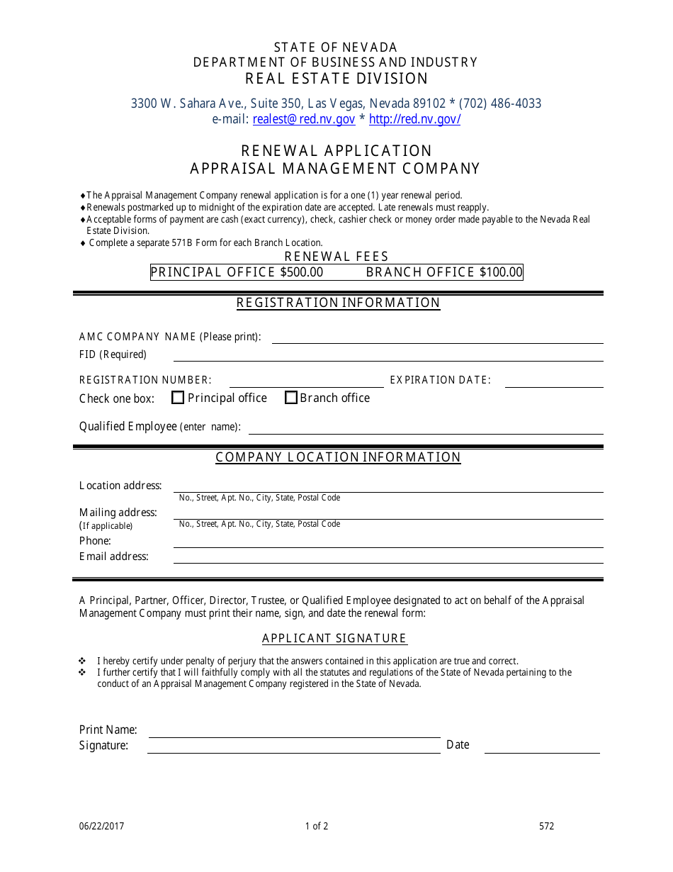 Form 572 Appraisal Management Company Renewal Application - Nevada, Page 1