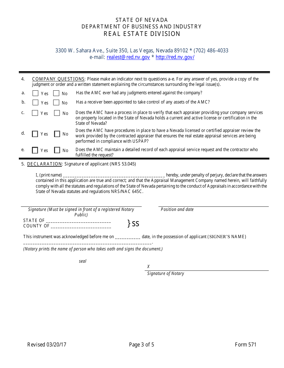 Form 571 Appraisal Management Company Registration Form - Nevada, Page 3