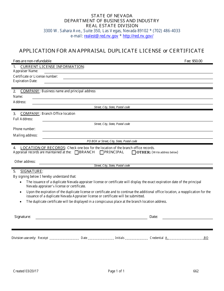Form 662 Application for an Appraisal Duplicate License or Certificate - Nevada, Page 1