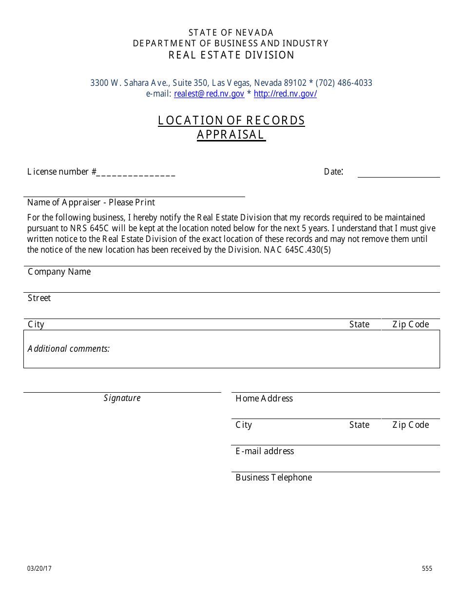 Form 555 Location of Records - Appraisal - Nevada, Page 1