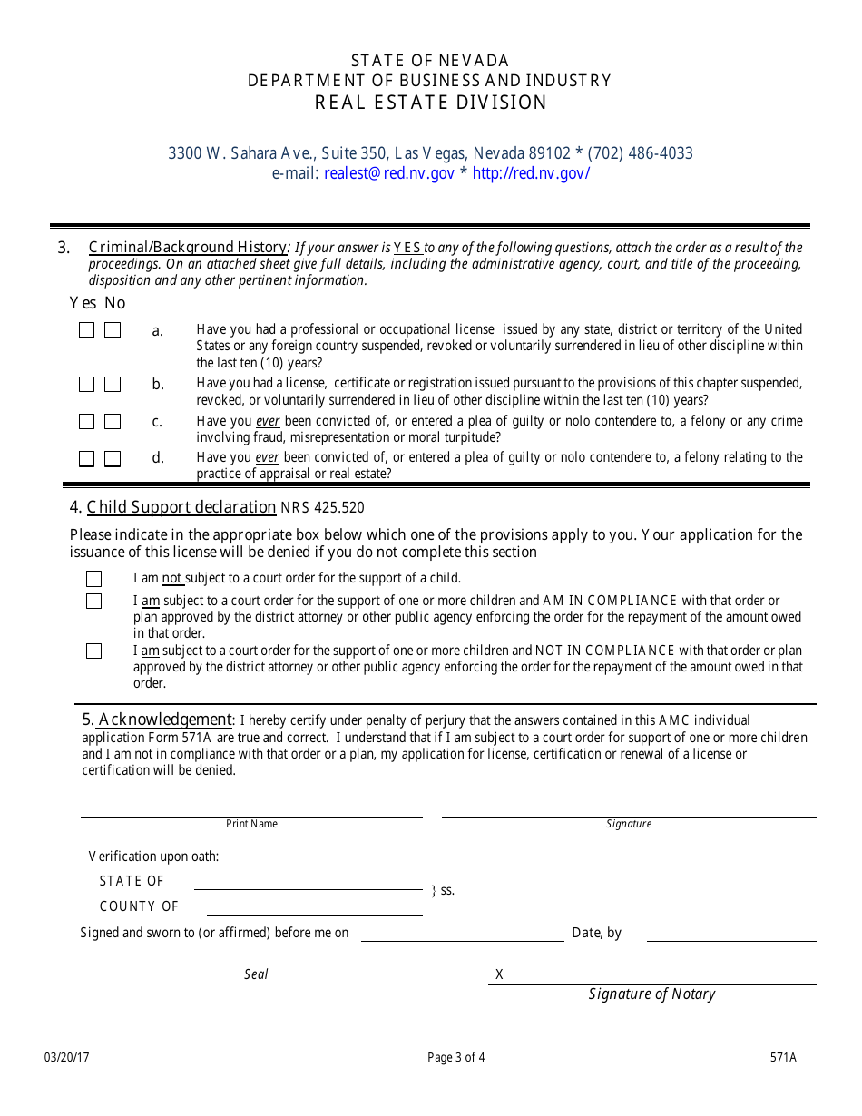 Form 571A Application for the Individual Registration of an Officer, Principal, General Partner, Director or Trustee of an Appraisal Management Company - Nevada, Page 3
