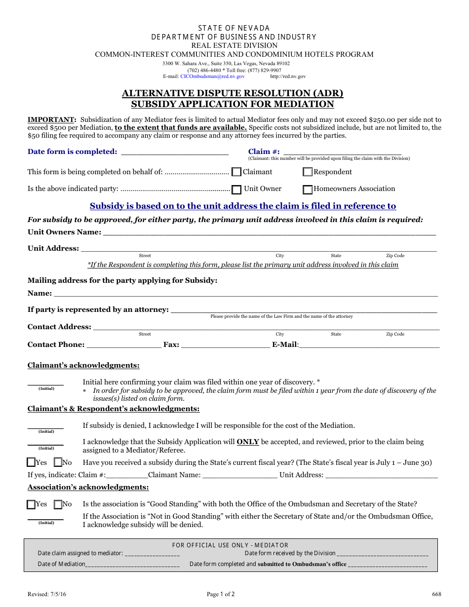 Form 668 Alternative Dispute Resolution (Adr) Subsidy Application for Mediation - Nevada, Page 1