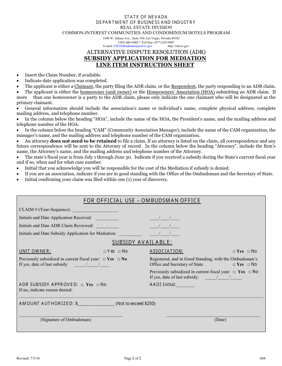 Form 668 Alternative Dispute Resolution (Adr) Subsidy Application for Mediation - Nevada, Page 2