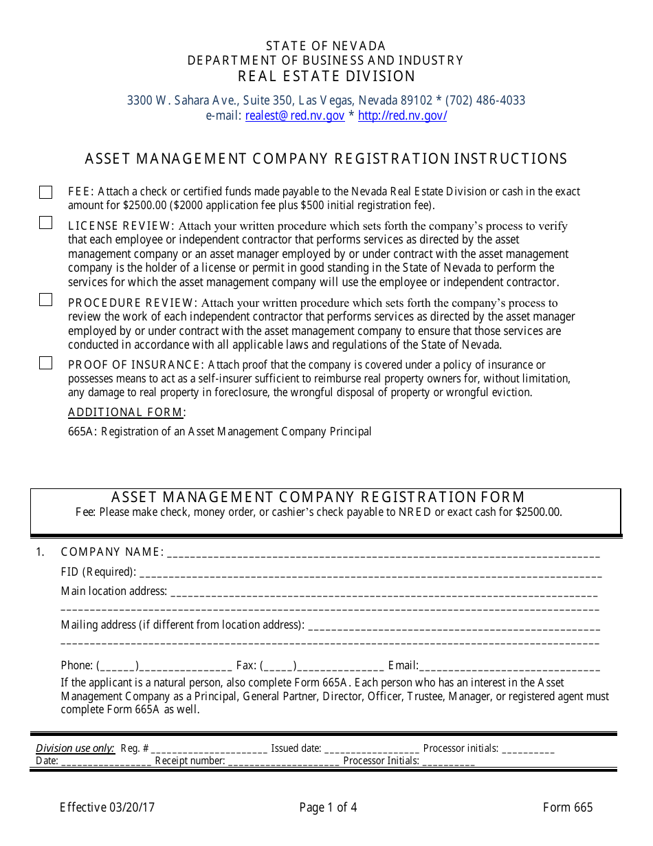 Form 665 Asset Management Company Registration Form - Nevada, Page 1
