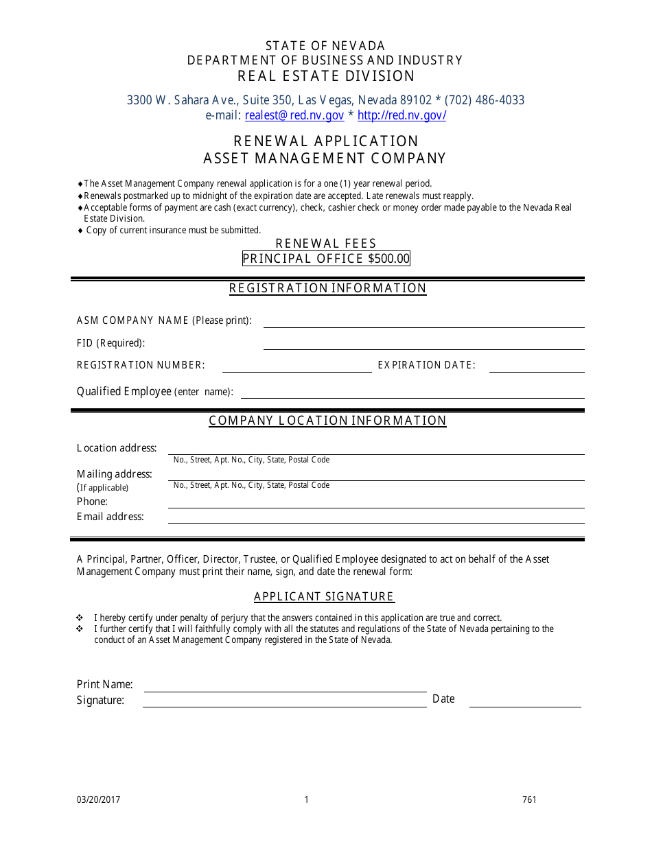 Form 761 Application for Renewal of Asset Management Company - Nevada, Page 1