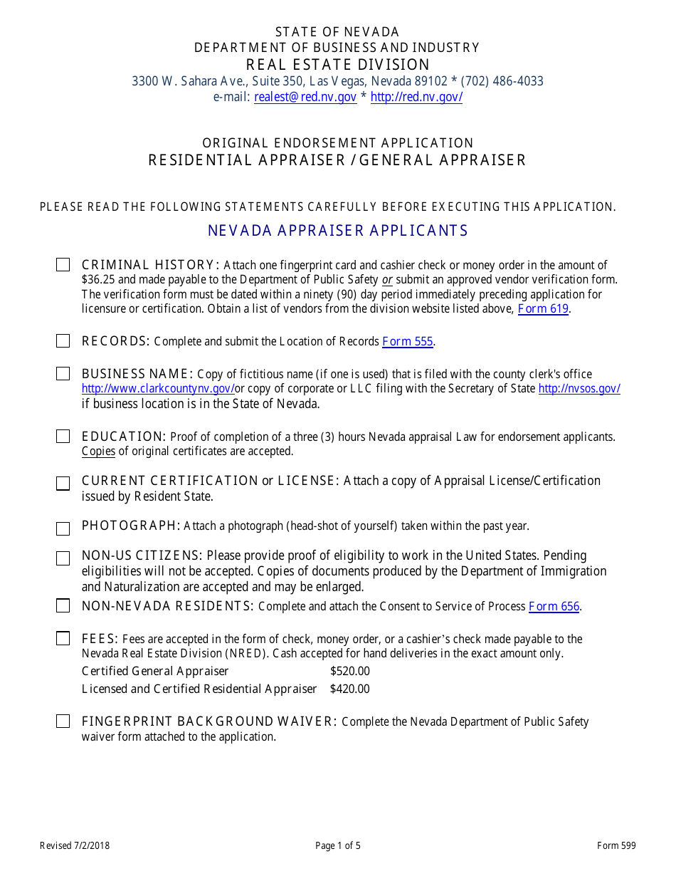 Form 599 Original Reciprocal / Endorsement Licensing Application for Residential Appraiser / General Appraiser - Nevada, Page 1