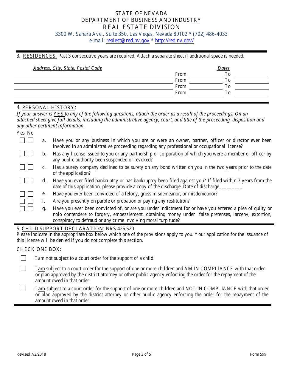 Form 599 Original Reciprocal / Endorsement Licensing Application for Residential Appraiser / General Appraiser - Nevada, Page 3