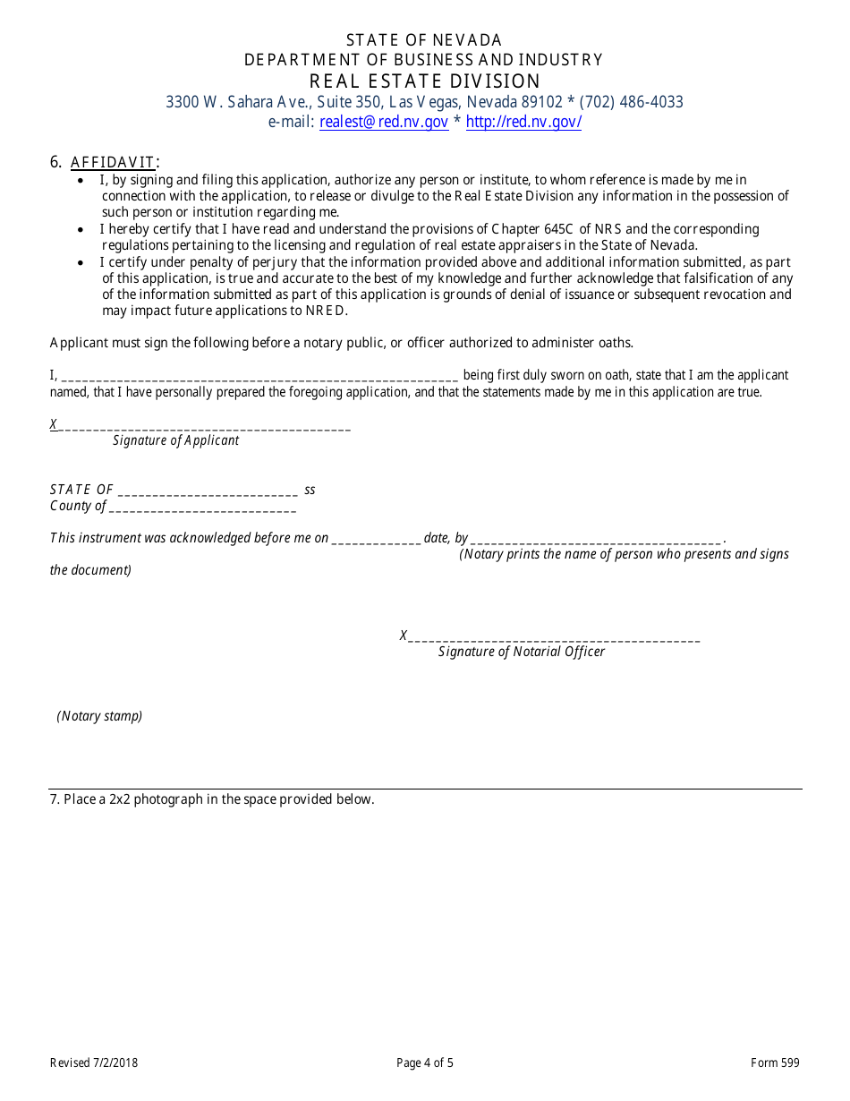 Form 599 Original Reciprocal / Endorsement Licensing Application for Residential Appraiser / General Appraiser - Nevada, Page 4