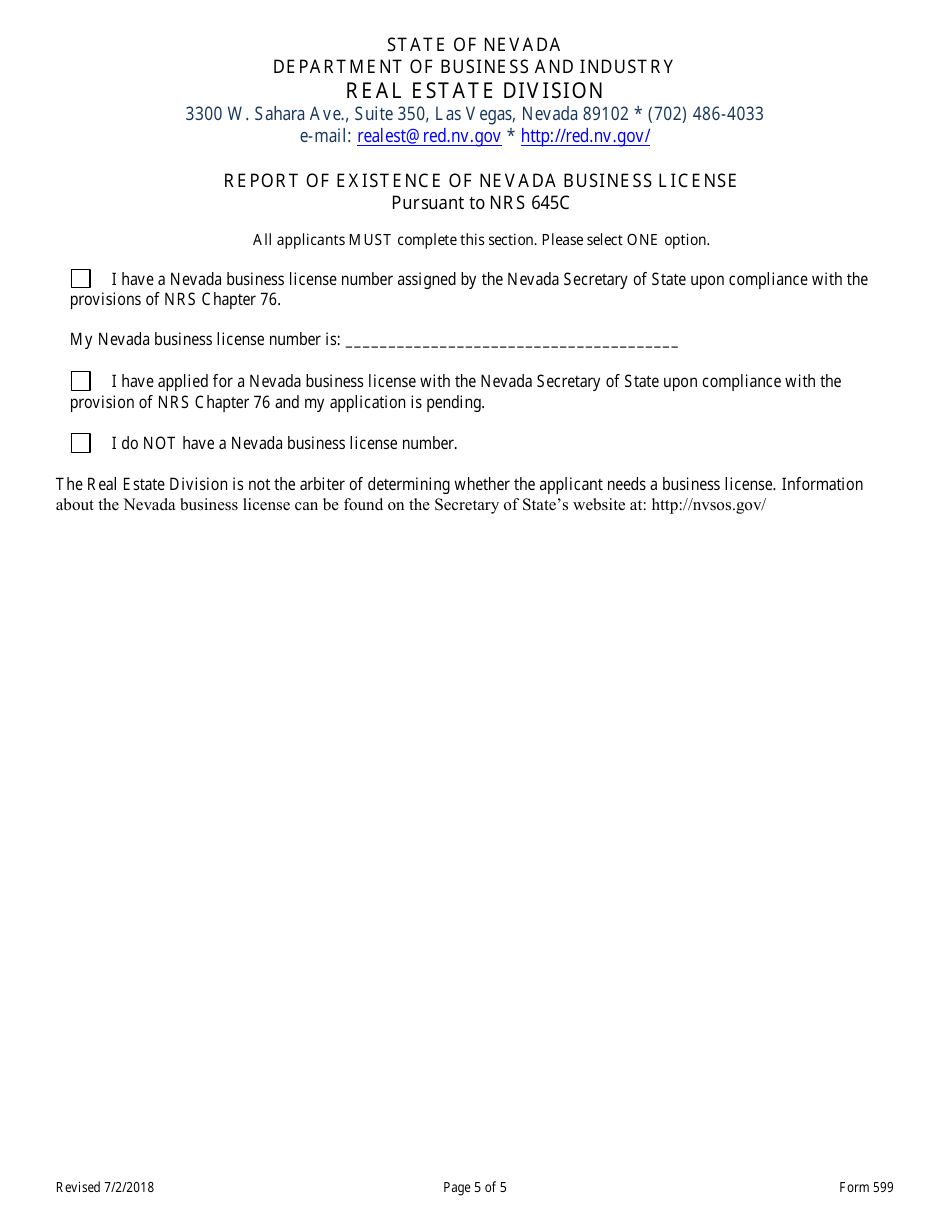 Form 599 Original Reciprocal / Endorsement Licensing Application for Residential Appraiser / General Appraiser - Nevada, Page 5