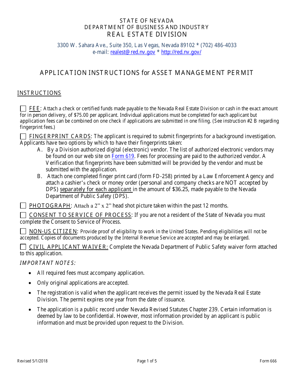 Form 666 Application for Asset Management Permit - Nevada, Page 1