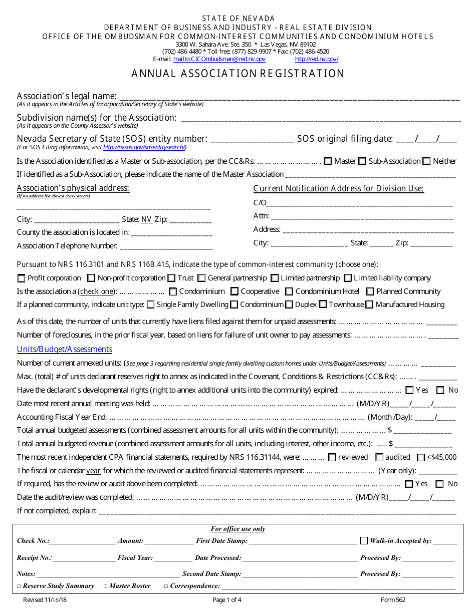 Form 562 Annual Association Registration - Nevada, Page 1