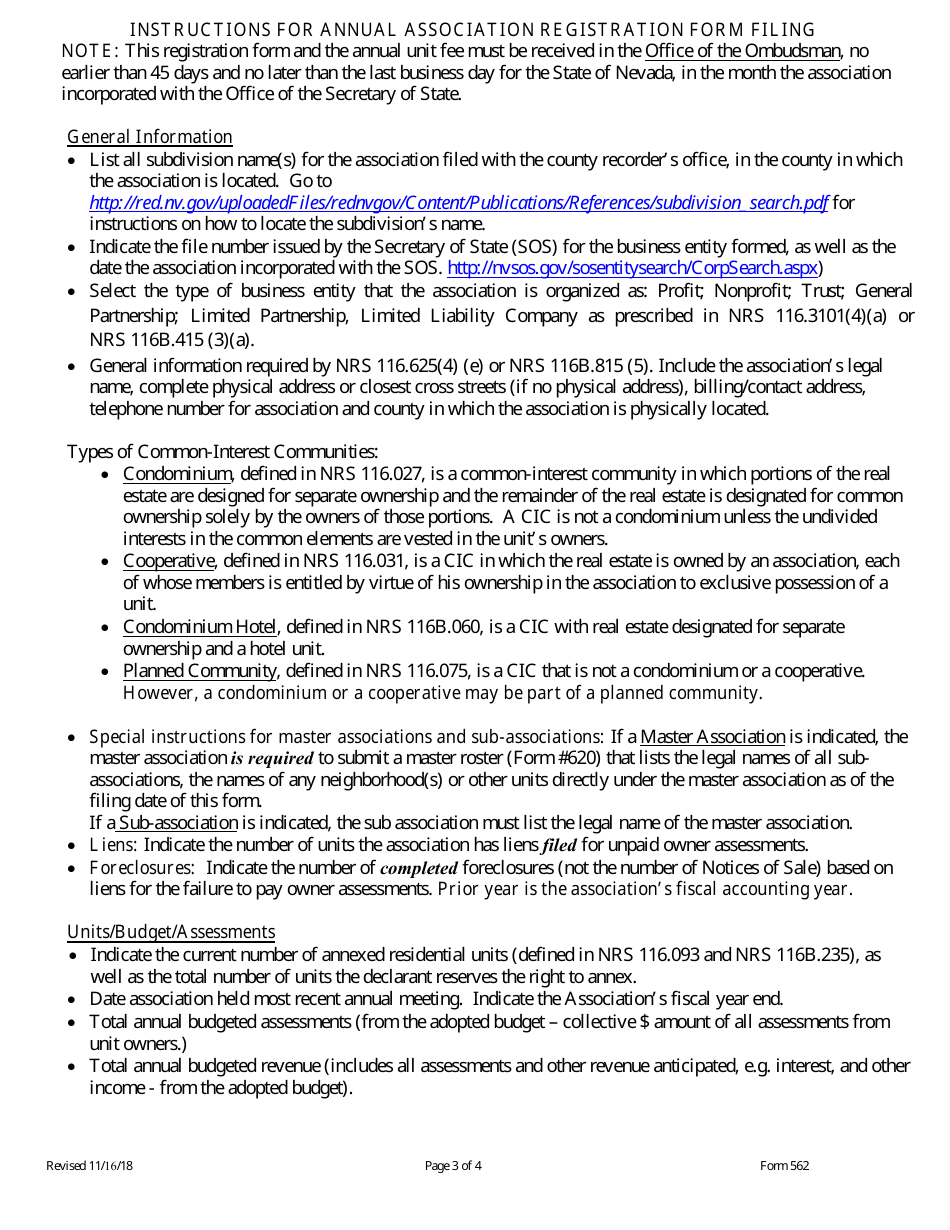 Form 562 Annual Association Registration - Nevada, Page 3