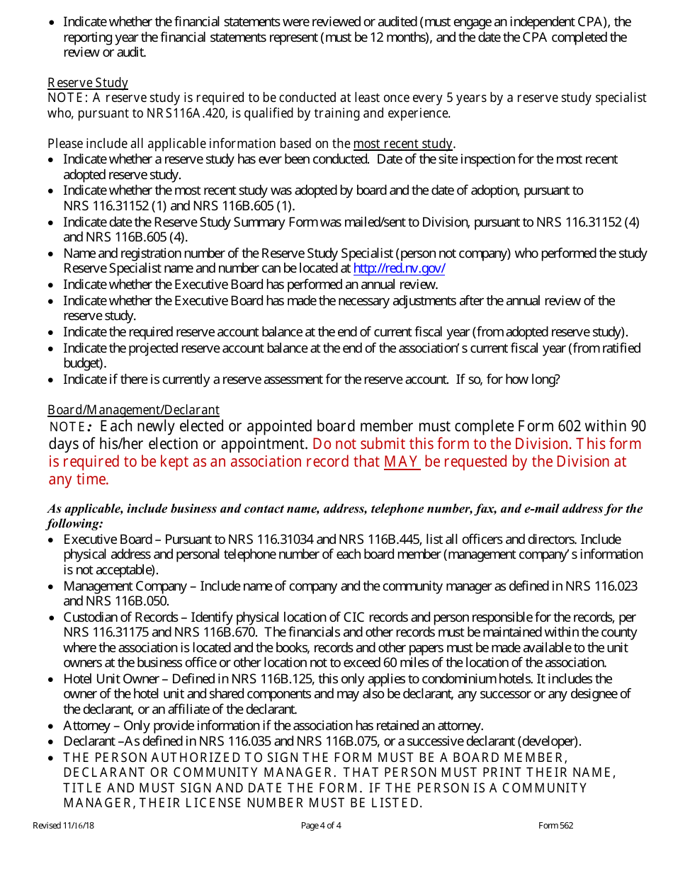 Form 562 Annual Association Registration - Nevada, Page 4