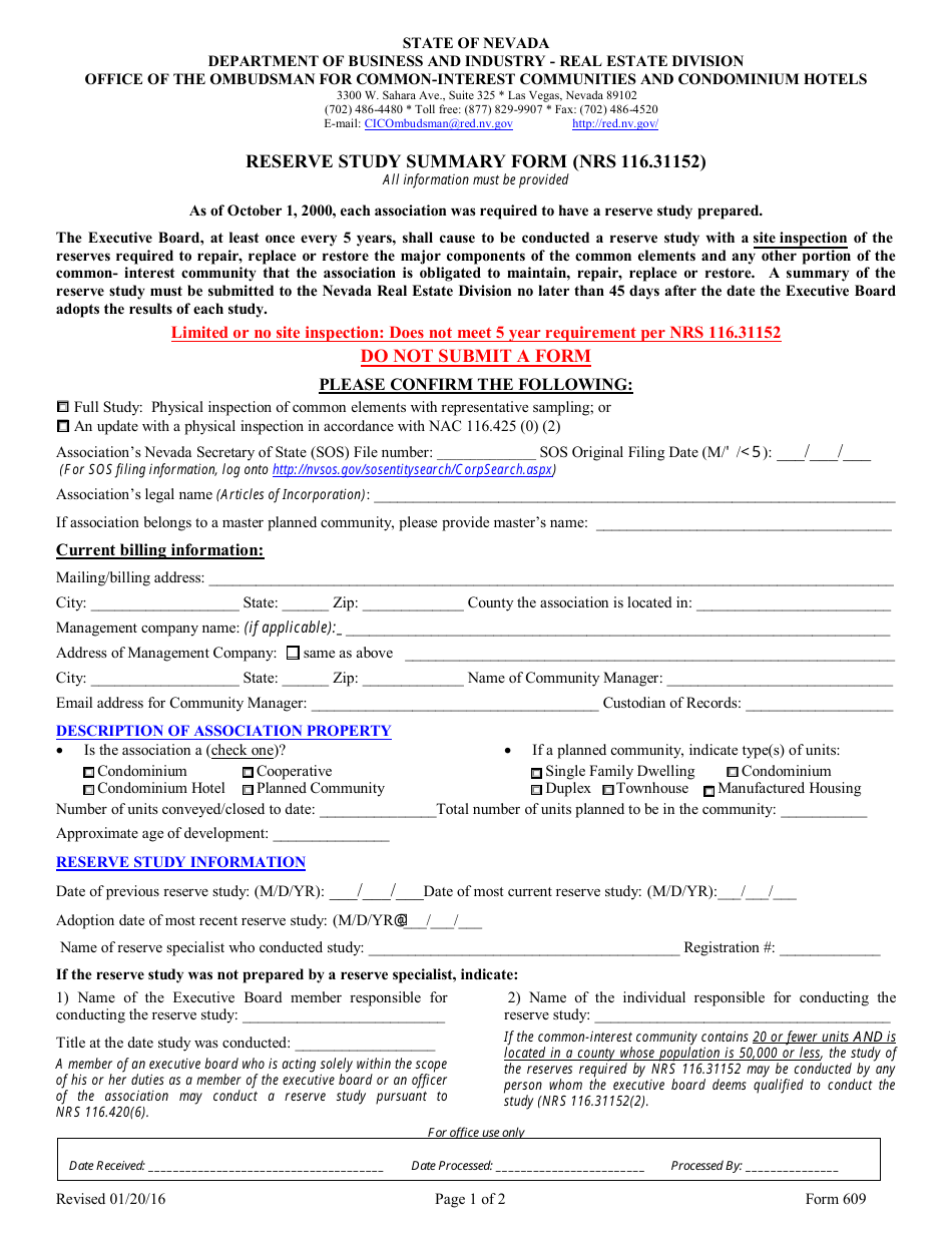 Form 609 - Fill Out, Sign Online and Download Fillable PDF, Nevada ...