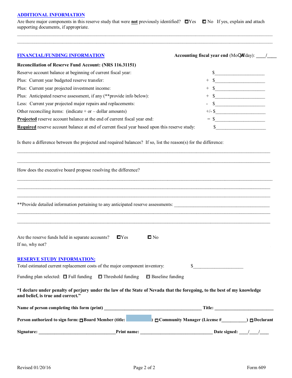 Form 609 Reserve Study Summary Form - Nevada, Page 2