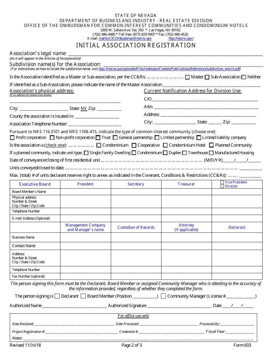 Form 603 Initial Association Registration - Nevada, Page 2