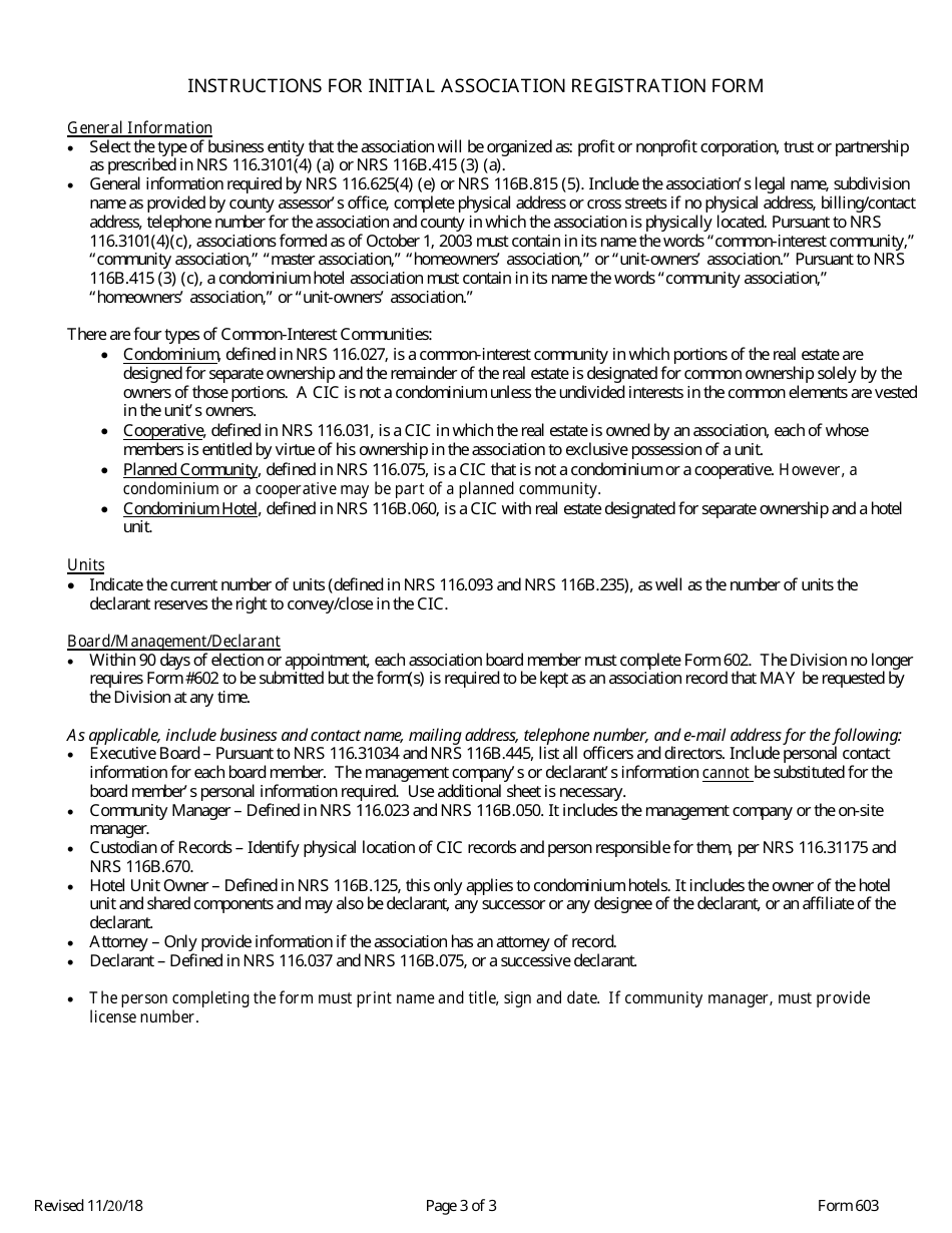 Form 603 Initial Association Registration - Nevada, Page 3