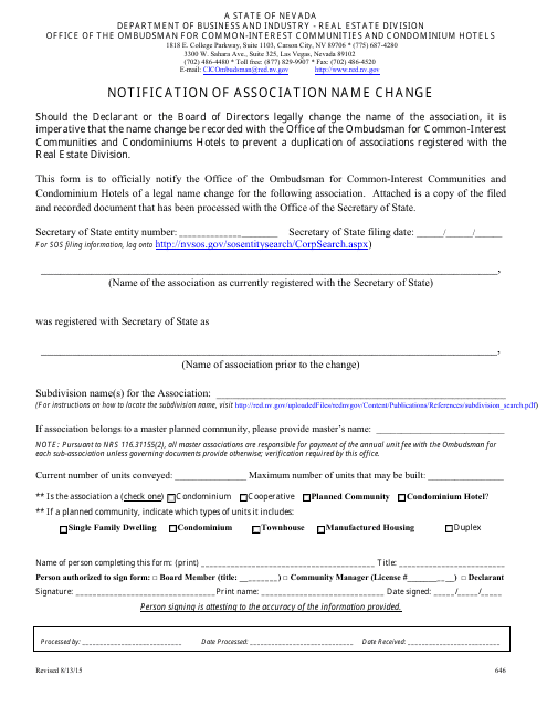 Form 646 Notification of Association Name Change - Nevada