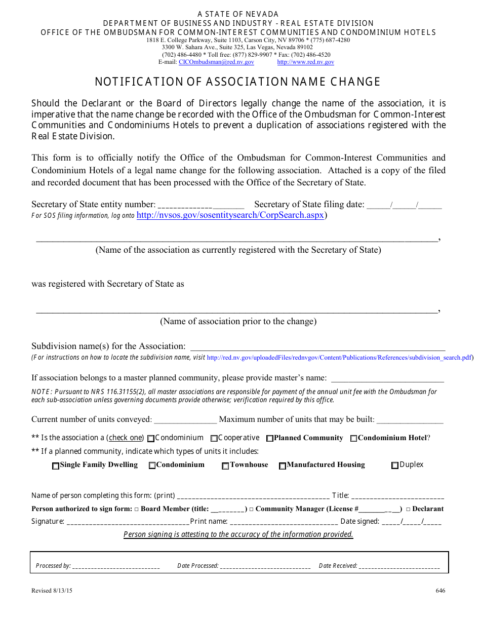 Form 646 Notification of Association Name Change - Nevada, Page 1