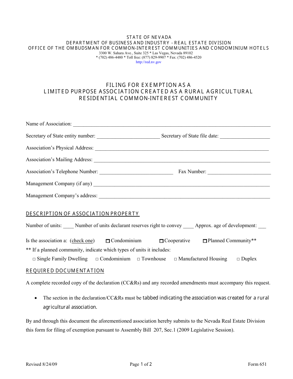 Form 651 Limited Purpose Rural Agricultural Exemption - Nevada, Page 1