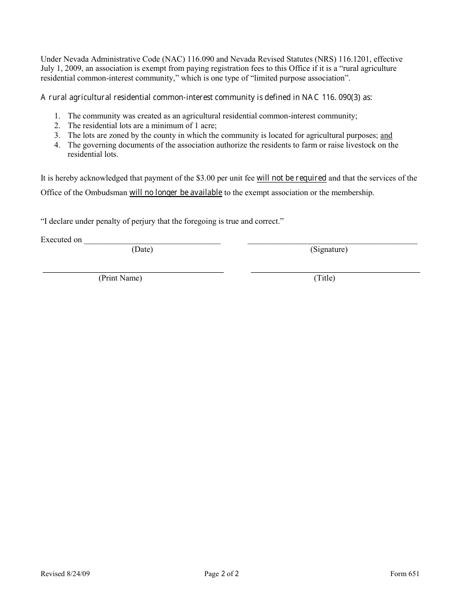 Form 651 Limited Purpose Rural Agricultural Exemption - Nevada, Page 2