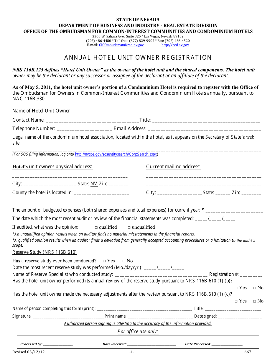 Form 667 Annual Hotel Unit Owner Registration - Nevada, Page 1