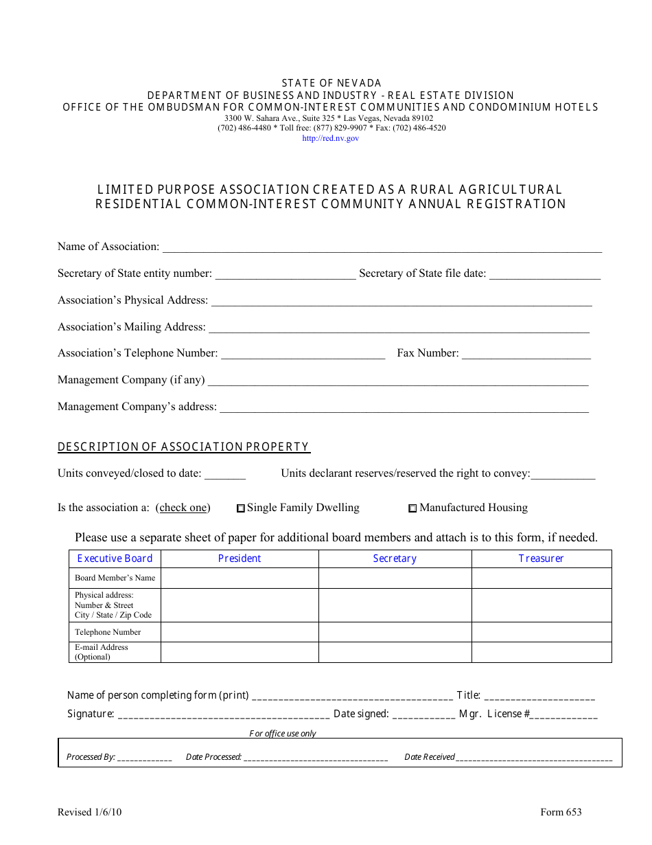 Form 653 Limited Purpose Association Created as a Rural Agricultural Residential Common-Interest Community Annual Registration - Nevada, Page 1