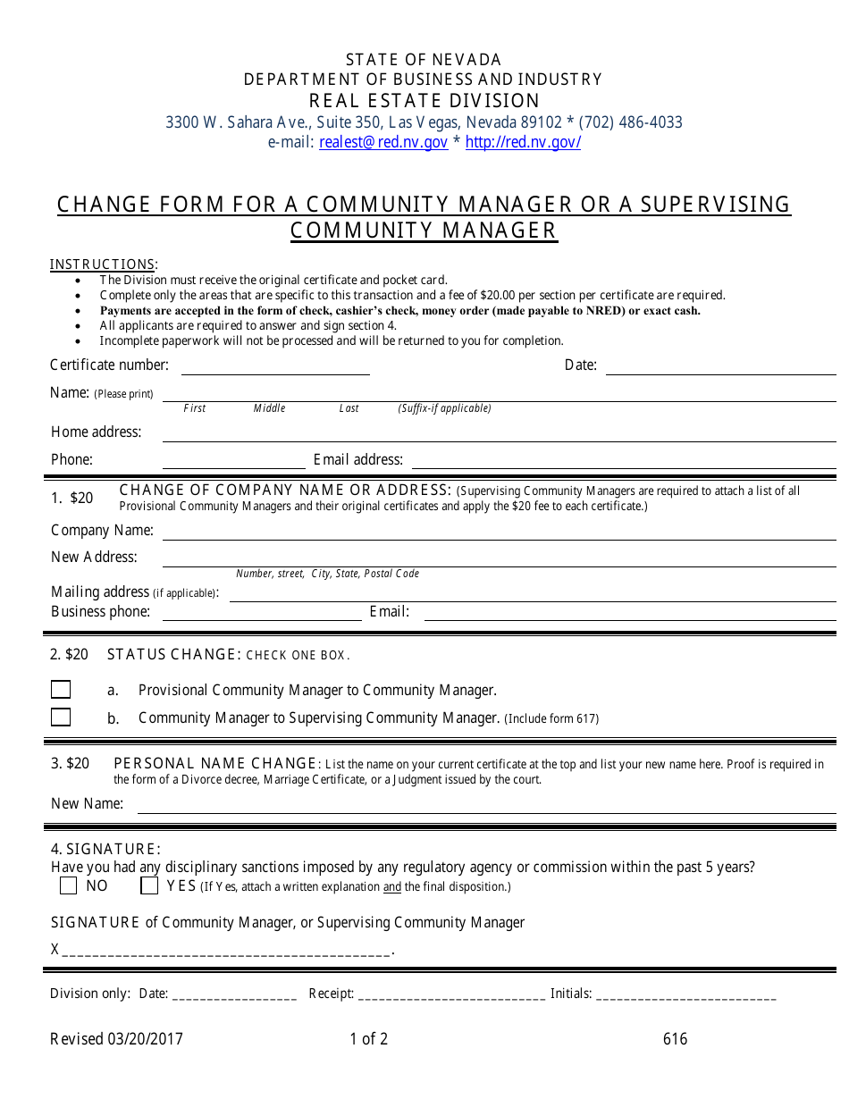 Form 616 Change Form for a Community Manager or a Supervising Community Manager - Nevada, Page 1