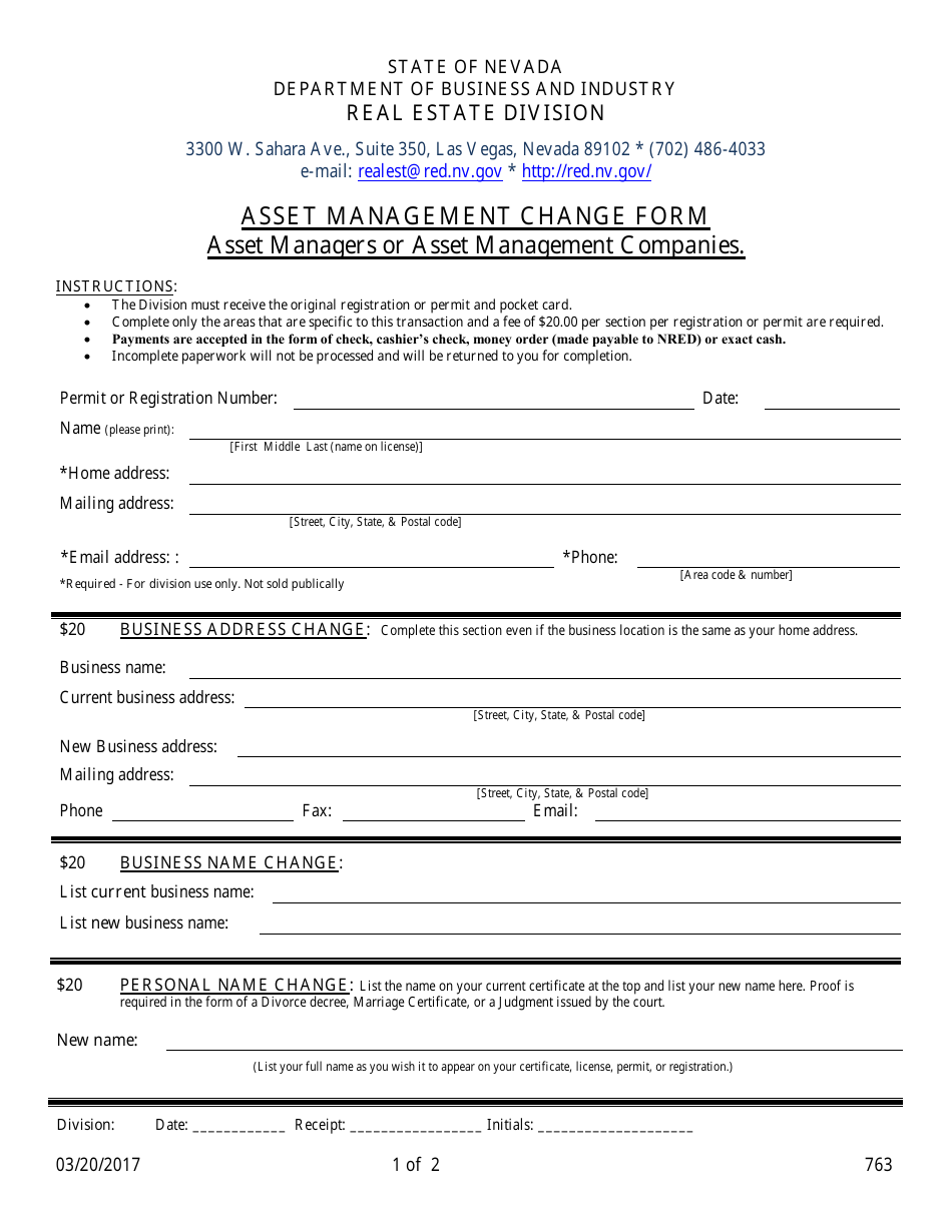 Form 763 Asset Management Change Form - Nevada, Page 1