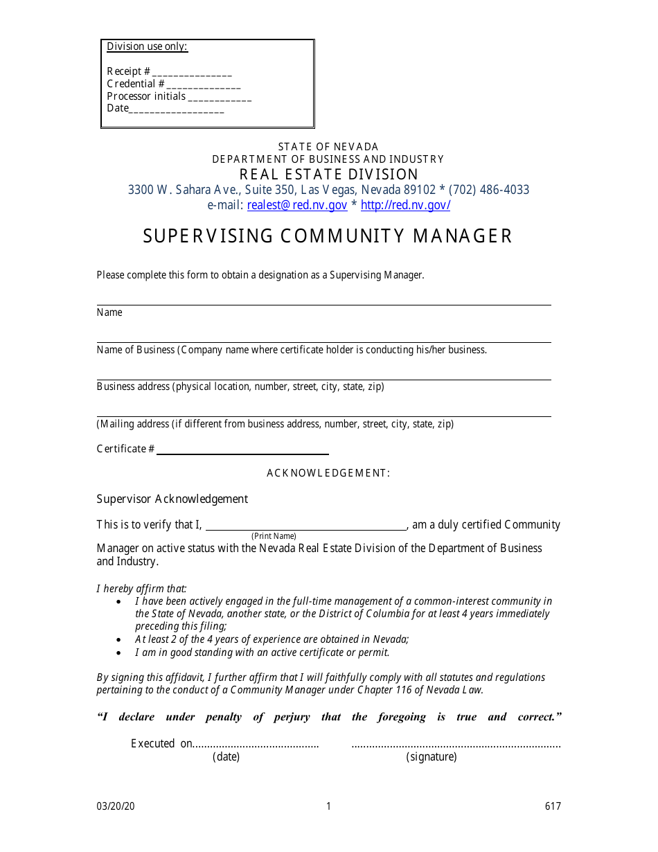 Form 617 Supervising Community Manager Form - Nevada, Page 1